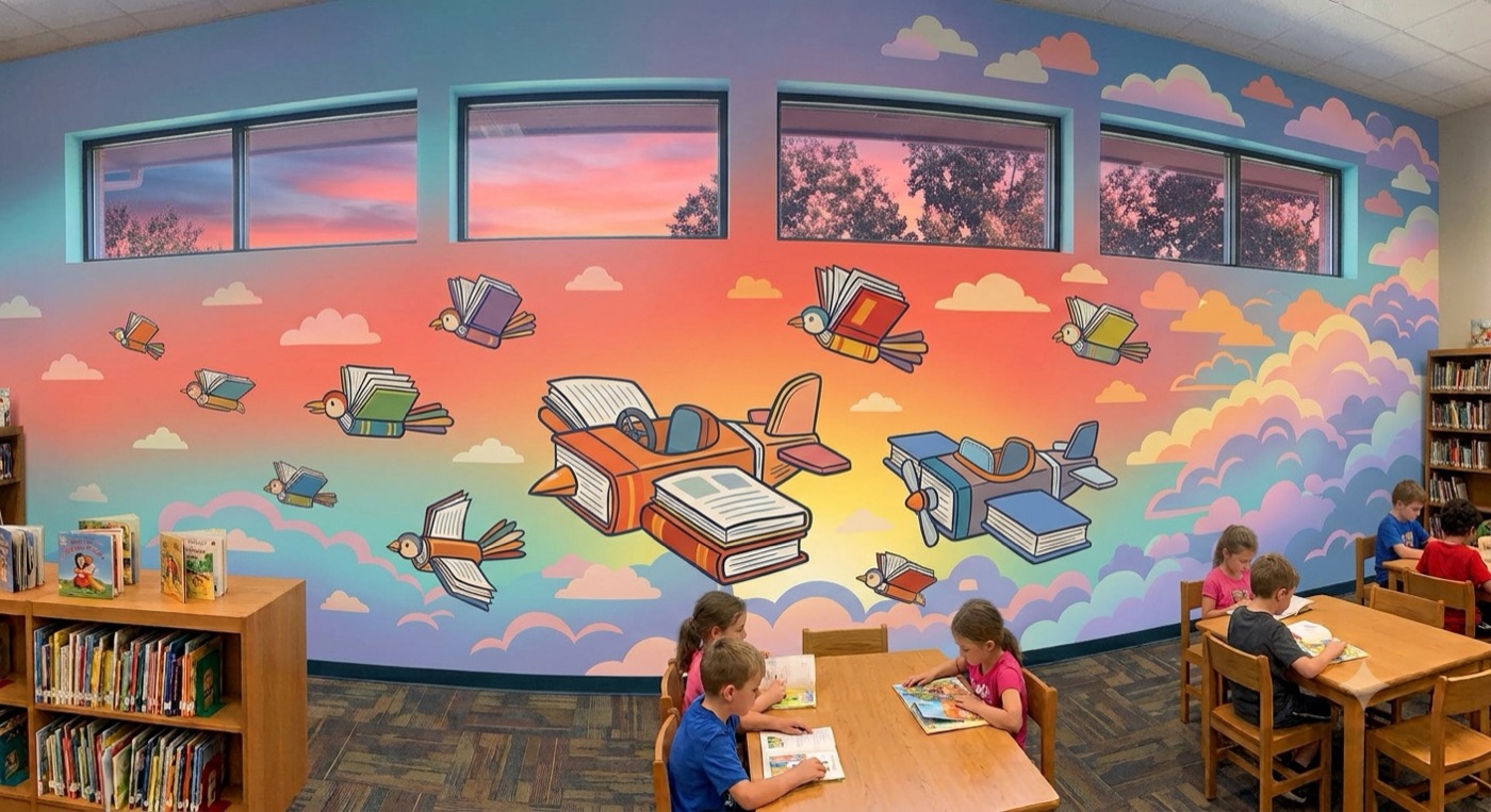Sunset-toned mural of flying books and birds in a school reading corner