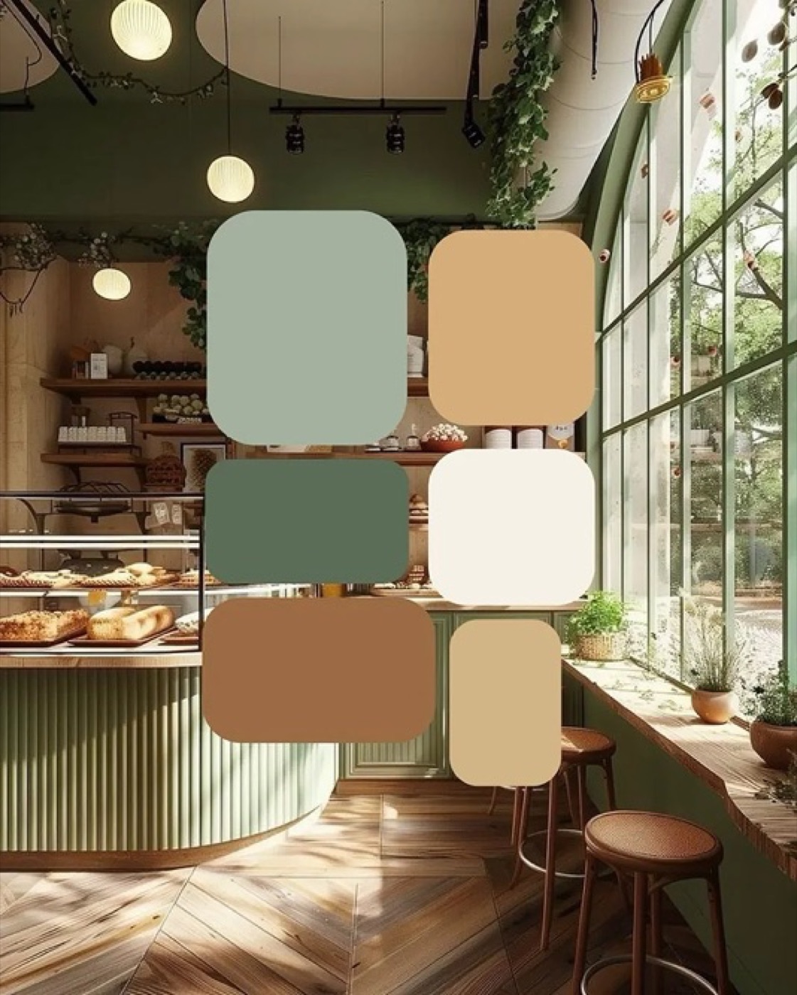 Cafe interior with a curated colour palette overlay