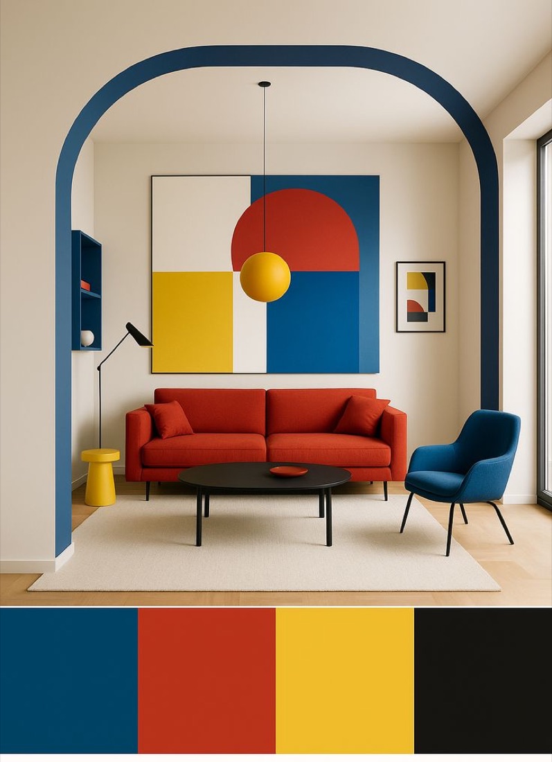 Colourful living room styled with a red sofa and geometric artwork