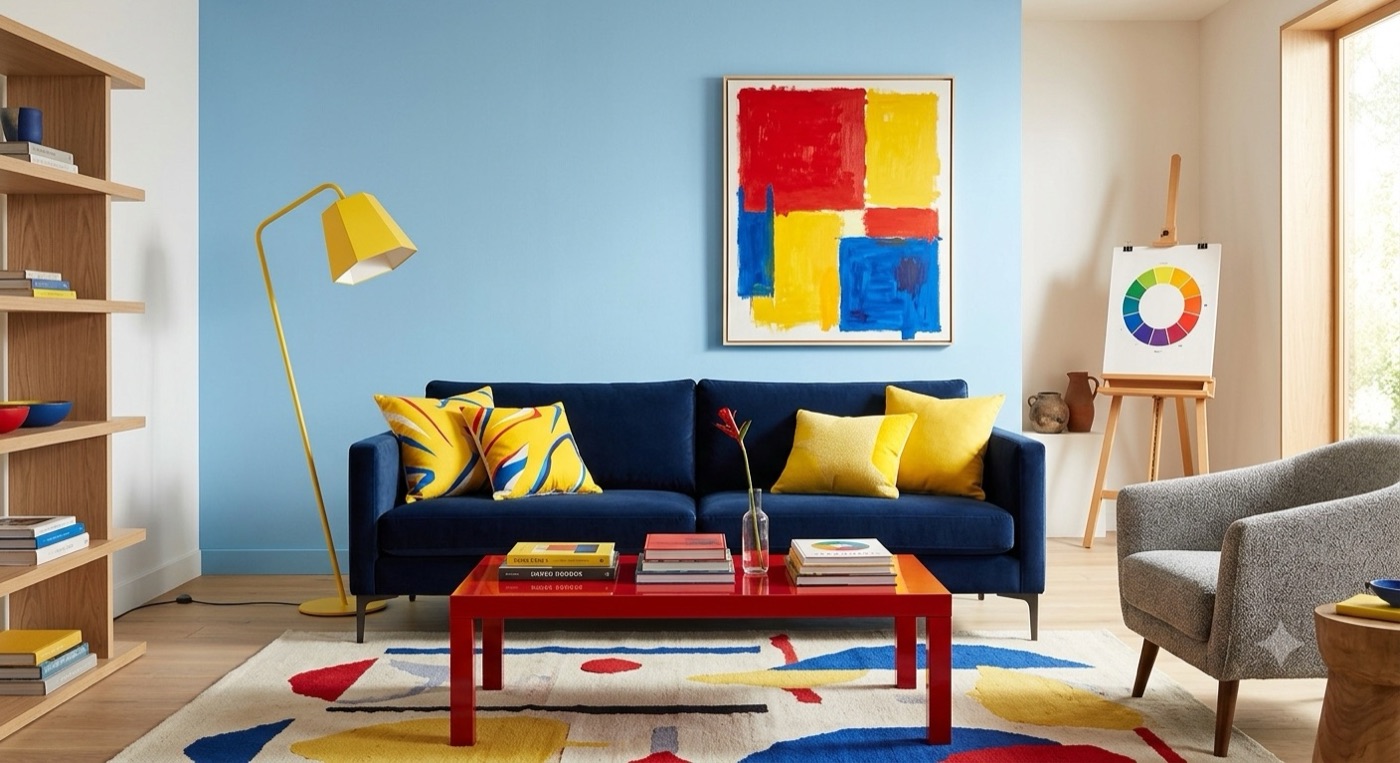 Cozy reading nook styled in soft blue with a bold primary-color artwork