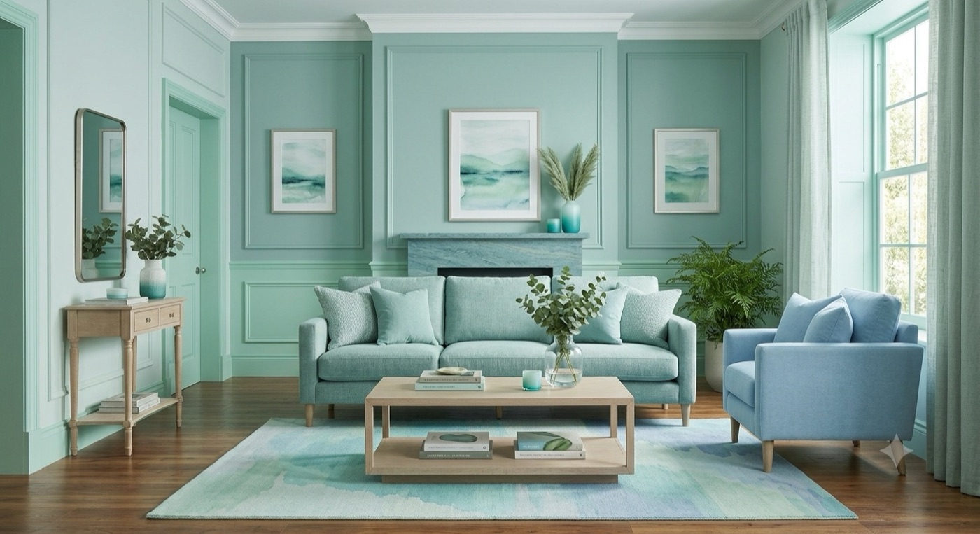 Soft green and blue living room with an analogous color palette
