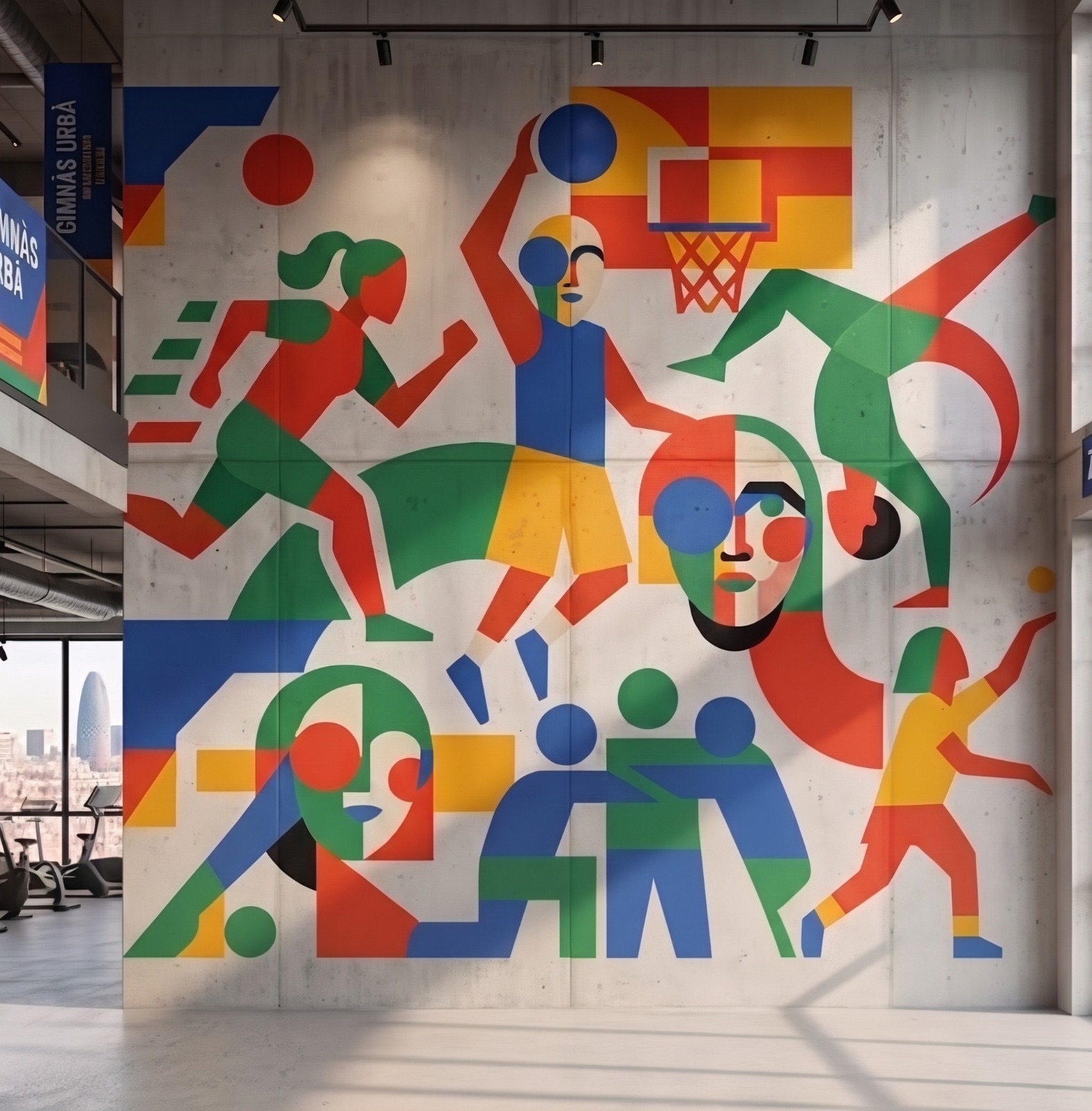 Geometric sports mural of basketball players in a school gym