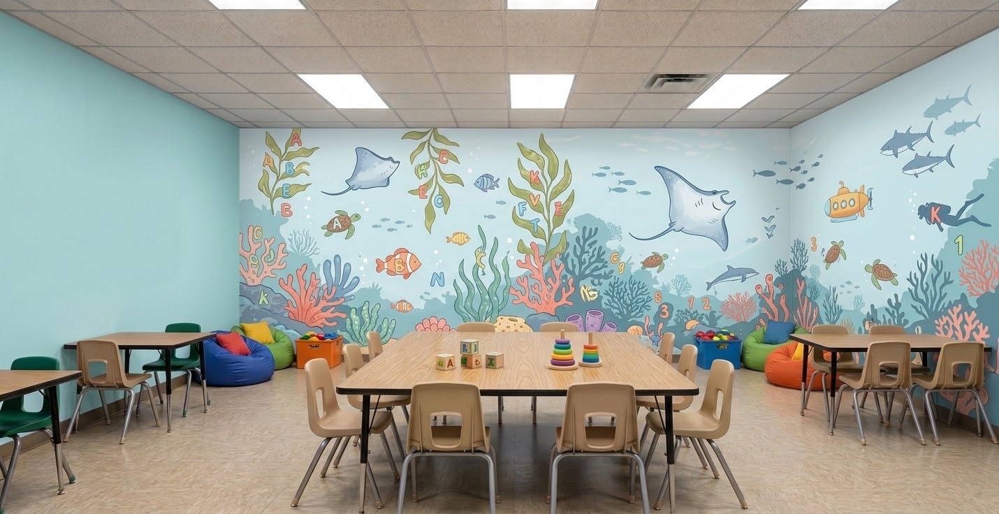 Underwater alphabet mural with sea creatures in a kindergarten classroom