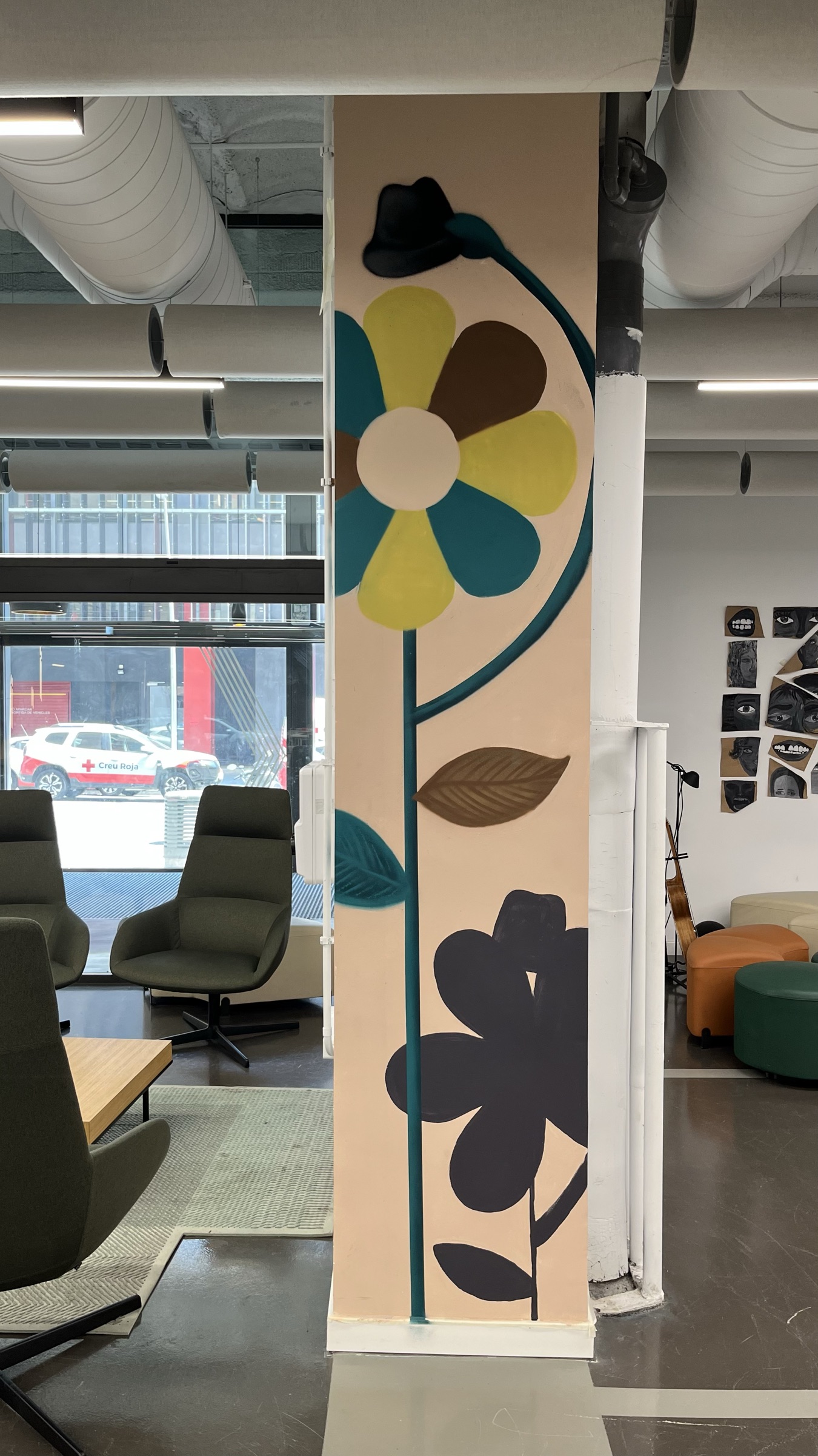 Tall mural panel with botanical illustration